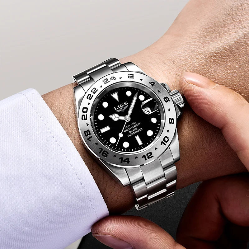 LIGE Luxury Man Watch Fashion Classic Business 30M Waterproof Luminous Quartz Wristwatch Stainless Steel Calendar Men Watches