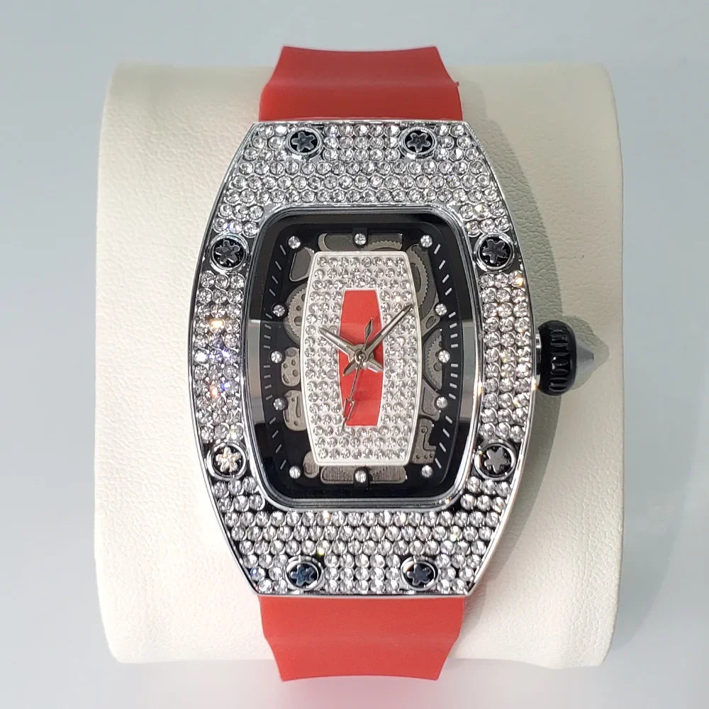 Fashion Rose Iced Watches Women Casual Silicone Strap Quartz Dress Full Diamond AAA Tonnneau Watch For Ladies Dropshipping