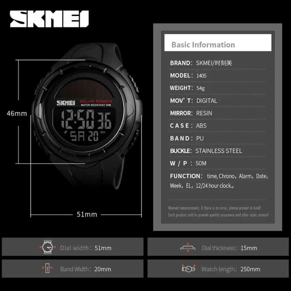 SKMEI 1405 Solar Sport Digital Mens Wristwatch Military LED Display Watch for Men Waterproof Shockproof Clock Reloj Hombre 1251