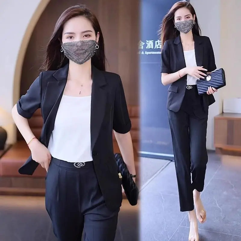 Women's Summer New Fashion Short Sleeved Suit Pants Two Piece Korean Elegant Thin Casual Blazers Jacket Trousers Matching Set