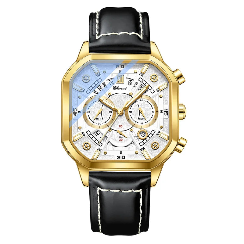 Golden Octagonal Multifunctional Watch - Leather Strap Quartz Timepiece for Men