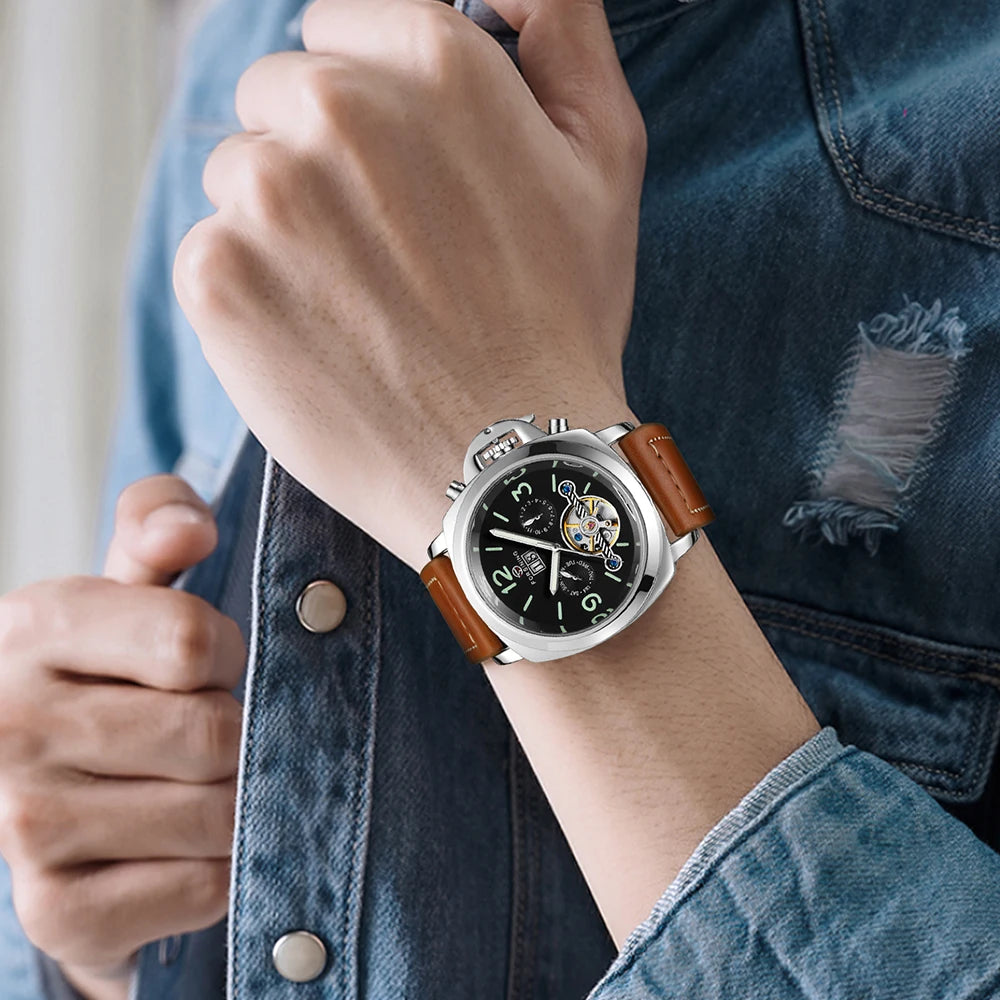 FORSINING Classic Men's Luxury Tourbillon Automatic Watch - Fashion Sport Luminous Retro Leather Wristwatch