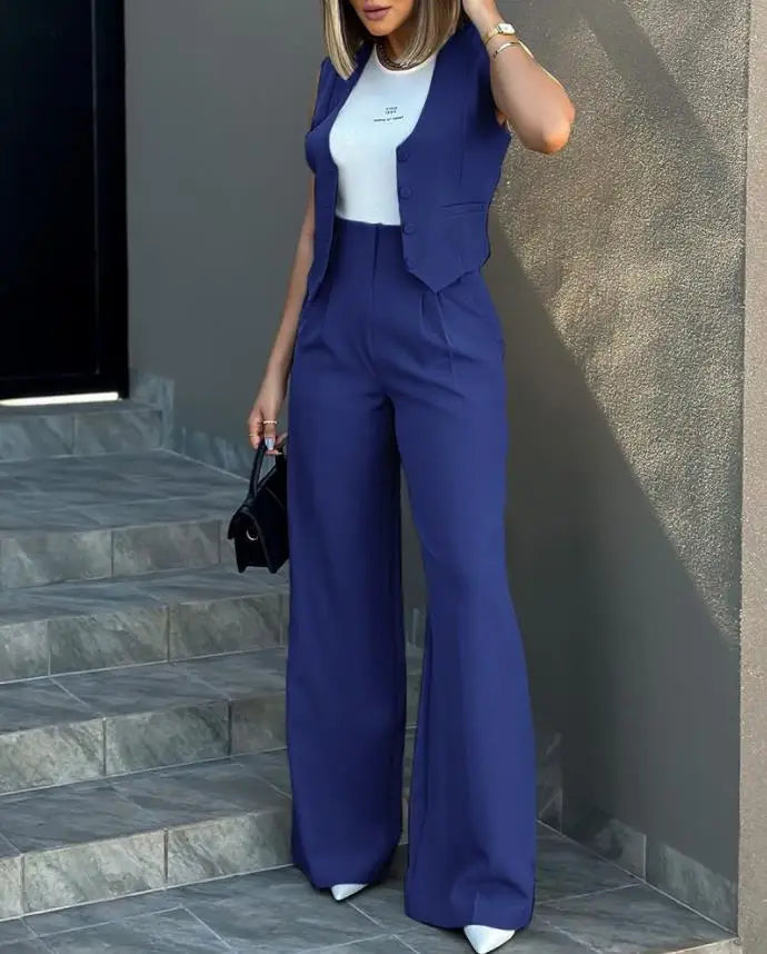 New 2025 Women's Summer Casual 2PCS Pants Sets Solid Vest +Pants Sets Elegant High Waist Wide Leg Outfits Women Matching Sets