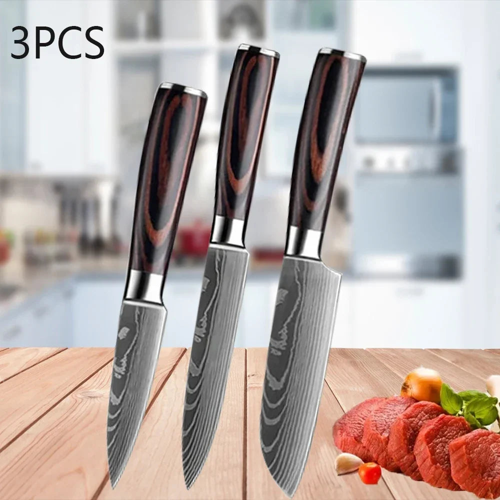 3PCS Kitchen Knife Set Laser Damascus Santoku Knife Utility Knife Professional Chef Knife Meat Cleaver Kitchen Accessories