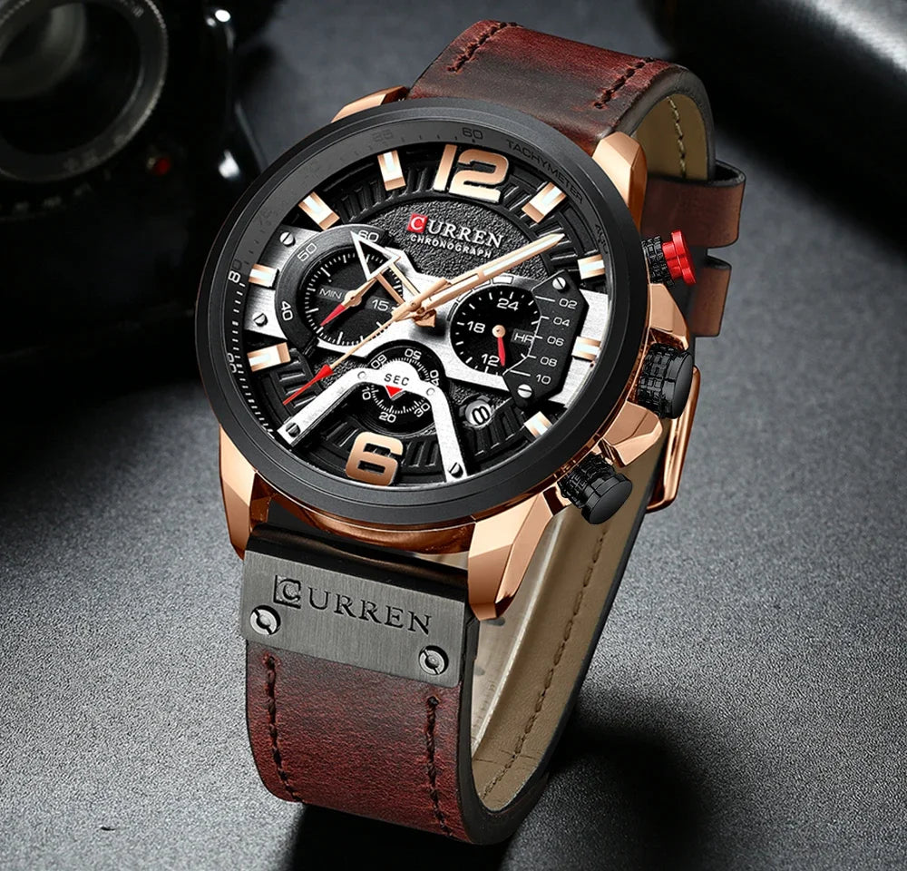 CURREN Men's Military Chronograph Watch - Luxury Leather Strap Sport Timepiece