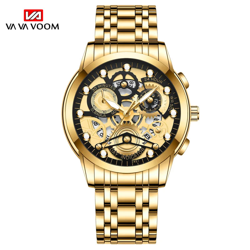 Sports Men's Watch Fashionable Stainless Steel Strap Fashionable Hollow Dial Golden Business Style Original Quartz Watch for Men