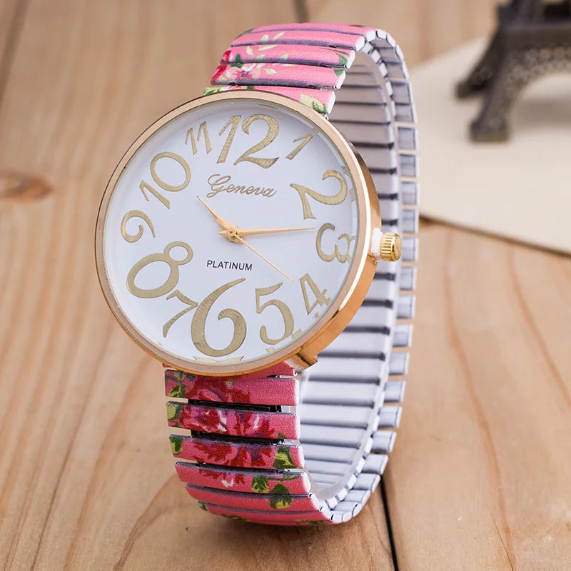 Women's Quartz Watch Luxury Ladies Elastic Bracelet Quartz Watch Simple Digital Big Dial Printed Silicone Strap Reloj Mujer