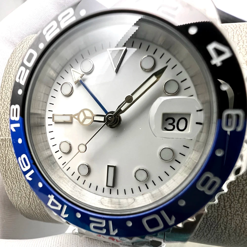 Automatic GMT Watch for Men – NH34 Movement, White Sterile Dial, Ceramic Bezel, Blue Hand, Dual Time Zone Stainless Steel