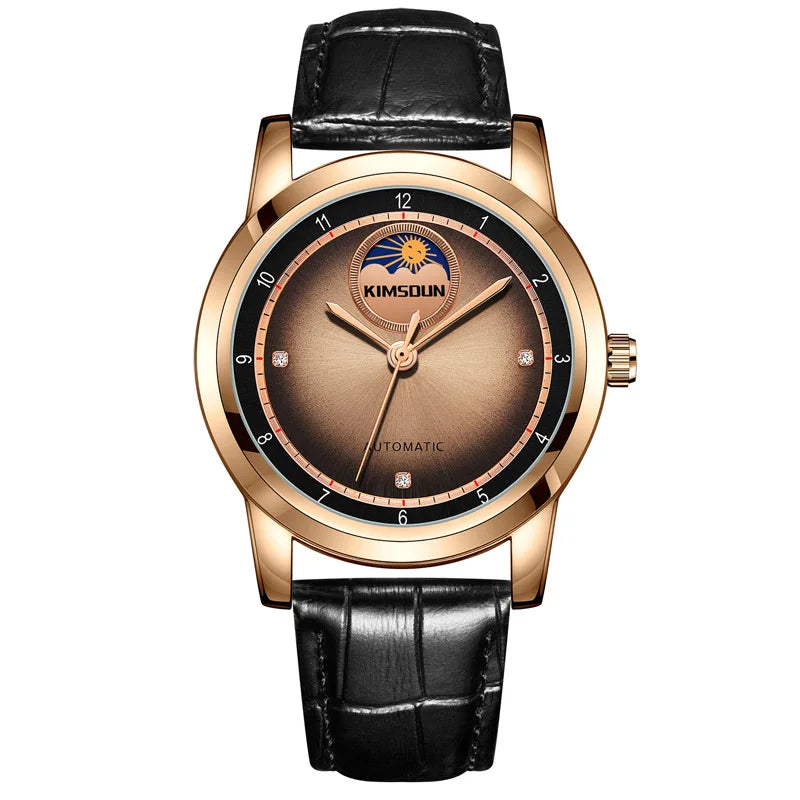 Men's Fully Automatic Mechanical Watch Moon Phase Series 42mm Dial with Moon Phase Function Sun God Style Leather Strap