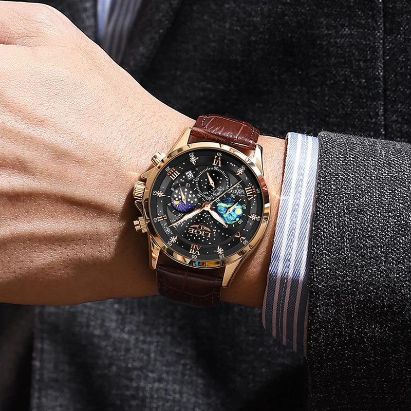 LIGE Chrono Master - Luxury Leather Waterproof Date Chronograph