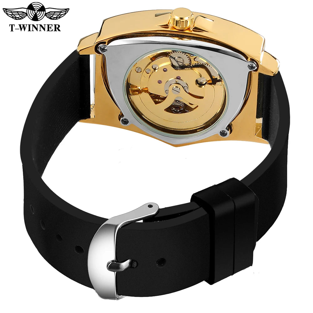 T-Winner High Range Men's Automatic Mechanica Watches Luminous Luxury Tourbillon Gold Wristwatch Rubber Strap Triangle Skeleton