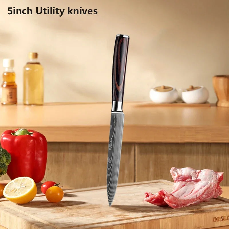 3PCS Kitchen Knife Set Laser Damascus Santoku Knife Utility Knife Professional Chef Knife Meat Cleaver Kitchen Accessories