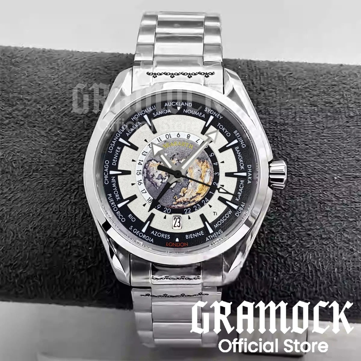 Gramock 40mm World Time GMT Zone Map Men's 6 o'clock Date Automatic Watch NH34A Mechanical Diving Wristwatch Steel/Rubber Strap