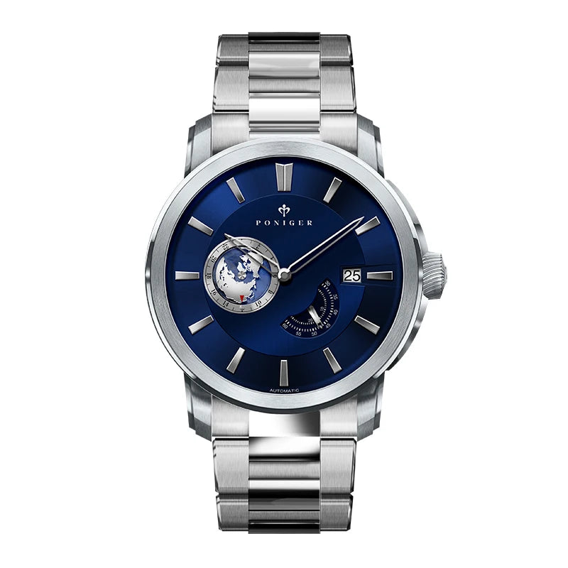 Top Brand New Japanese Automatic Men Watch Rotating Earth Calendar Multifunction Watch Stainless Steel Waterproof Clock PONIGER