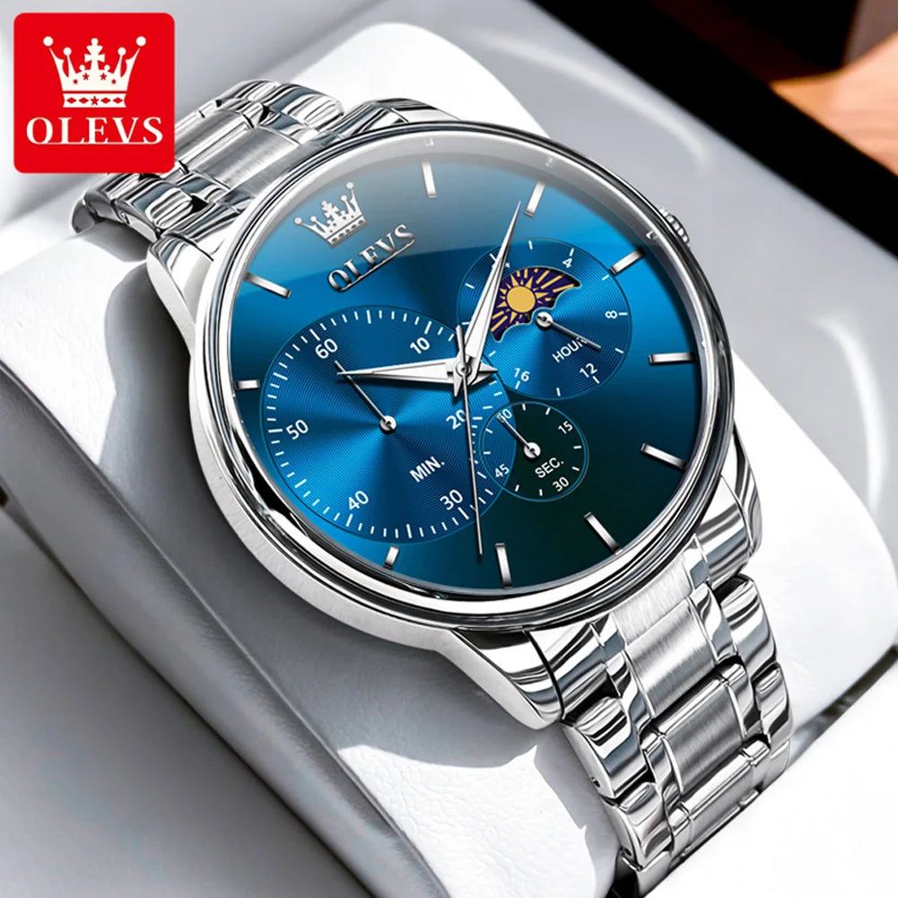 OLEVS Moon Phase Men's Watch Simple Casual Original Fashion Quartz Watch for Men Waterproof Luminous Stainleess Steel Wristwatch