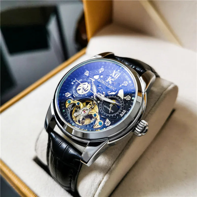 Tourbillon Skeleton Mens Watches Top Brand Luxury Moon Phase 24 Hours Display Iced Out Automatic Mechanical Watch Leather Strap